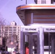 early march 1974 phone booths outside restaurant