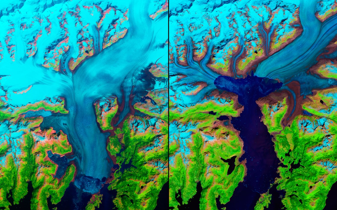 Alaska's Columbia Glacier descends through the Chugach Mountains into Prince William Sound. When British explorers surveyed the glacier in 1794, its nose extended to the northern edge of Heather Island, near the mouth of Columbia Bay. The glacier held that position until 1980, when it began a rapid retreat. The glacier has thinned so much that the up and down motion of the tides affects its flow as much as 12 kilometers (7.5 miles) upstream, until the glacier bed rises above sea level and the ice loses contact with the ocean.