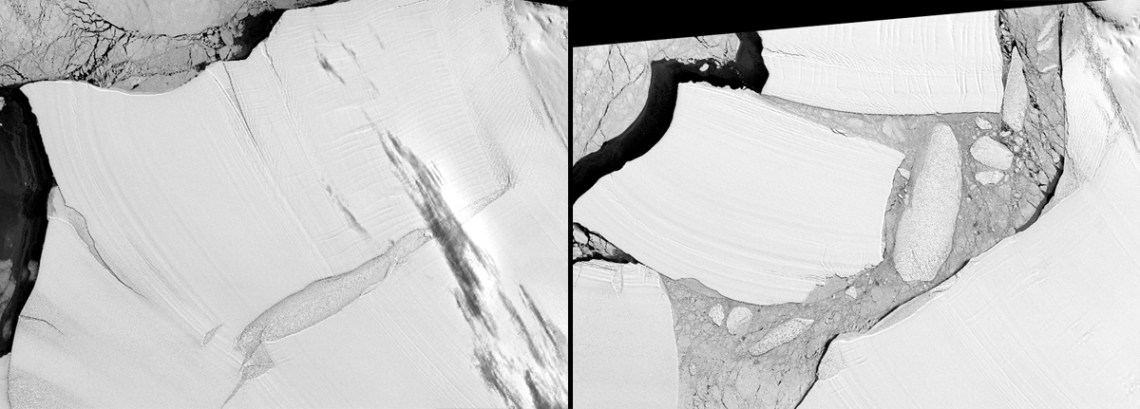 Left: Nov. 11, 1973; Right: Nov. 10, 1986  The Filchner Ice Shelf, on the Antarctic coast facing the Atlantic Ocean, is the largest ice shelf by volume on Earth. In the austral winter of 1986, its front edge broke off, forming three large icebergs. This was a major, long-awaited calving. Ice shelves develop mainly from glaciers flowing slowly downhill toward the ocean. 