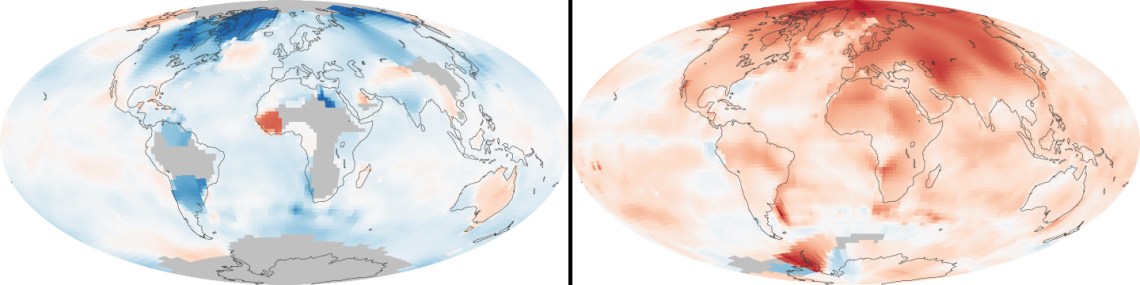 Global temperature changes. Left: 1880-1889. Right: 2000-2009. These maps compare temperatures in each region of the world to what they were from 1951 to 1980...Earth's average surface temperature has increased by about 0.7 °C (1.3 °F) since 1880. Two-thirds of the warming has occurred since 1975, at a rate of roughly 0.15 to 0.20 °C per decade.