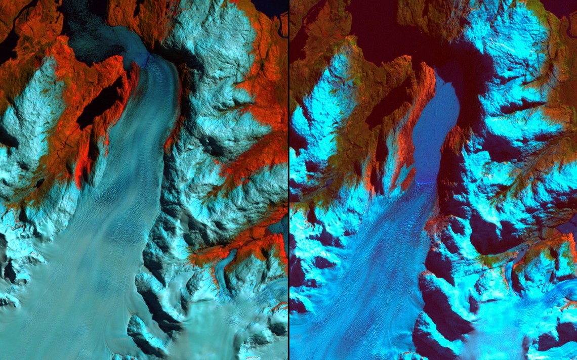 Patagonia, Chile. Left: September 18, 1986. Right: August 5, 2002. The 1986 image shows the region prior to a major retreat of the glaciers. The 2002 image shows a retreat of nearly 10 kilometers (6.2 miles) of the glacier on the left side. The smaller glacier on the right has receded more than 2 kilometers (1.2 miles). 