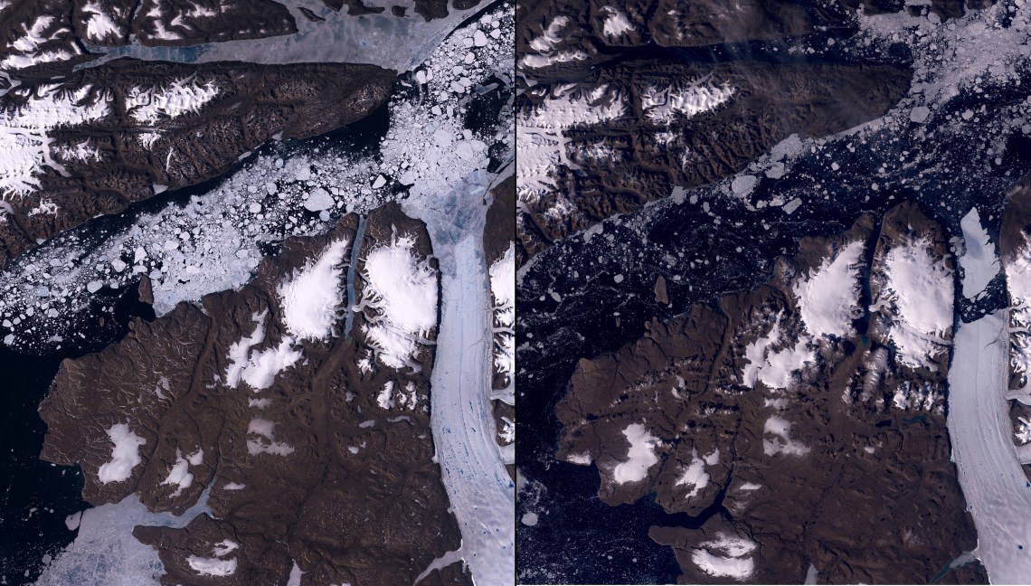 Petermann Glacier, Greenland. Left: June 26, 2010. Right: August 13, 2010. An iceberg more than four times the size of Manhattan broke off the Petermann Glacier (the curved, nearly vertical stripe stretching up from the bottom right of the images) along the northwestern coast of Greenland. Warmer water below the floating ice and at the sea's surface were probably responsible for the break.