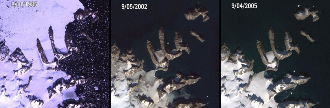 Ice melt, Greenland Warming Island, Greenland. Left: August 11, 1985. Center: September 5, 2002. Right: September 4, 2005. On January 16, 2007, the New York Times reported that a new island had been found in Greenland. Warming Island was thought to be an ice-covered peninsula, but it was exposed as an island in 2005, when an ice bridge melted to reveal an open-water strait. More islands like this may be discovered if the Greenland ice sheet continues to disappear.