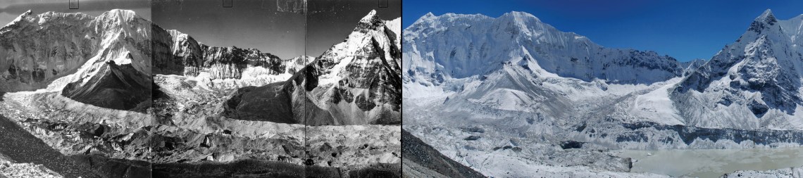 Imja Glacier in the Himalayas. Left: Circa 1956, autumn. Right: October 18, 2007. These images show the glacier as seen from the upper slopes of Island Peak. The after shot shows pronounced retreat and collapse of the lower tongue of the glacier and formation of new melt ponds.