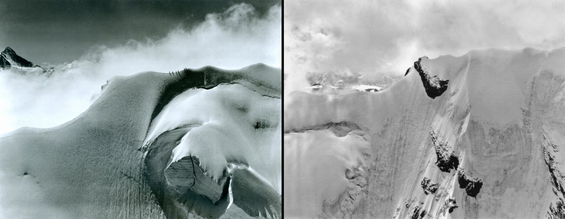 The Doldenhorn mountain, North East Ridge, Switzerland. Left: July 24, 1960, 10.40 am. Right: July 27, 2007, 10.44 am.