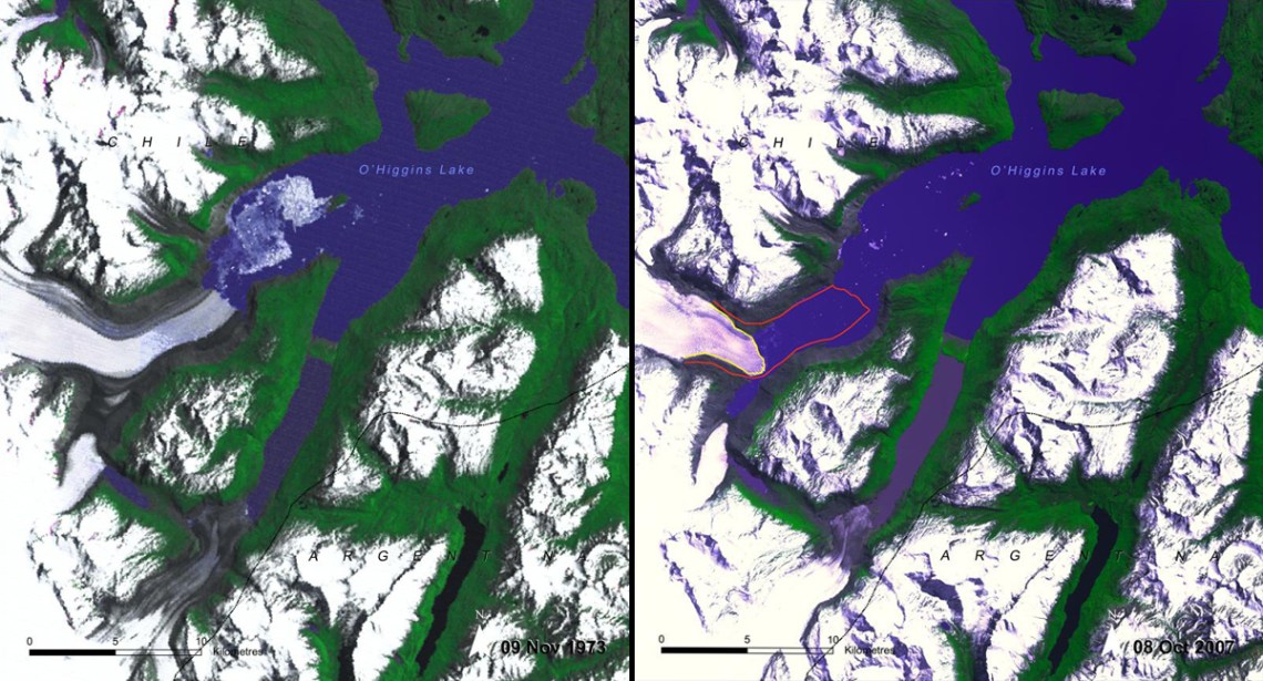 Almost all the glaciers in the southern Patagonian ice field, in the south of Chile and Argentina, are melting. O'Higgins Glacier, which makes up a quarter of the ice field, is one of those that have changed the most. Its leading edge remained stable until the start of the twentieth century, when it began a retreat that measured 15 kilometers (about 9 miles) by 1995. Some 12 kilometers (over 7 miles) of ice were lost between 1945 and 1980 alone. While some of the reduction in the glacier’s thickness and area is due to the dynamics of the ice itself, global warming speeds up the rate of melting. In the 2007 satellite image, the glacier's retreat is quite visible relative to the 1973 image, when it extended several kilometers into O'Higgins Lake (purple-blue area).