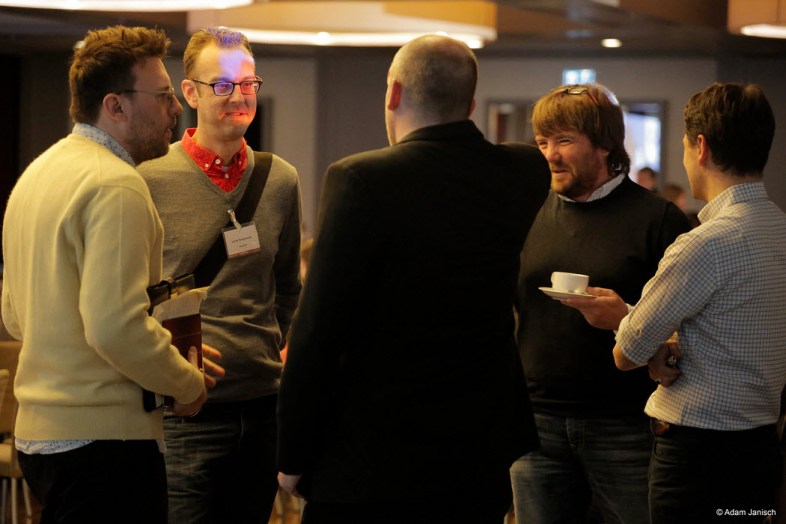 "Publishing Goes Pop" panelists in Berlin chat before going on stage. From left, Michael Bhaskar, Lance Fensterman, Nathan Hull, Andreas Gall, with Publishing Perspectives editor Edward Nawotka. Image: Adam Janisch