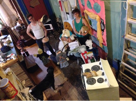 Daniel Patrick McCloskey and Sarah LaPonte of Cyberpunk Apocalypse readying their original puppet show for the Lovelace Puppet Festival