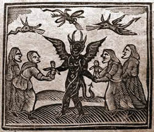 Agnes Sampson and her witch friends give babies to the Devil. (Wikimedia Commons)