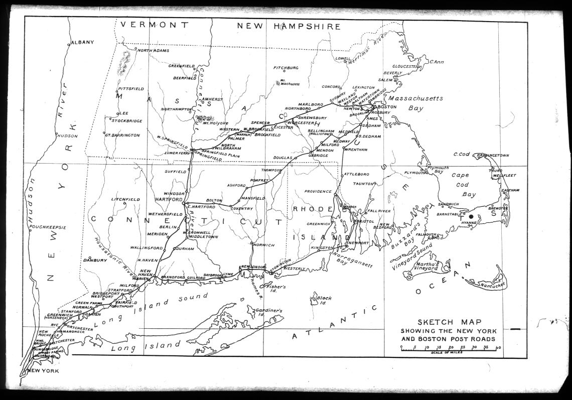 Map of the various alignments of the Boston Post Road. Scanned from S. Jenkins, The old Boston Post Road, (G.P. Putnam and Sons, New York and London, 1914)