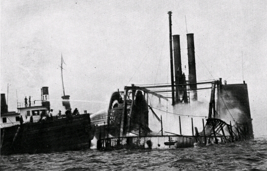 Originally published in Harper's June 24, 1904. Caption reads "A view of the General Slocum on fire off North Brother Island".