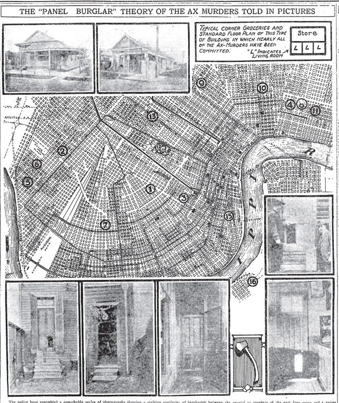 Illustrated map on rash of axe murders in New Orleans, 1919.