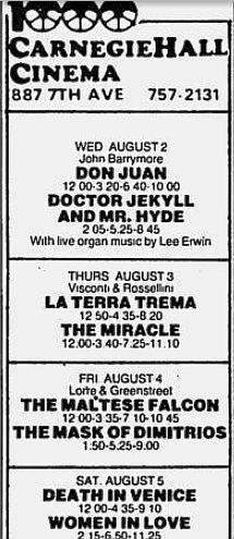 Carnegie Hall Cinema Aug 78 schedule