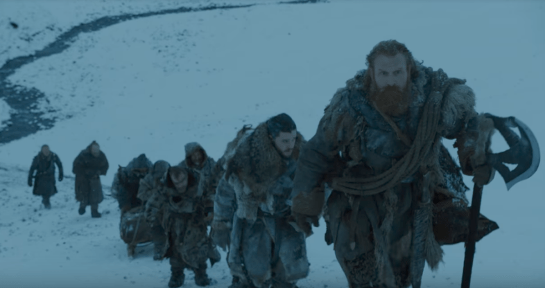 Jon Snow and other characters in winter in Game of Thrones season 7 episode