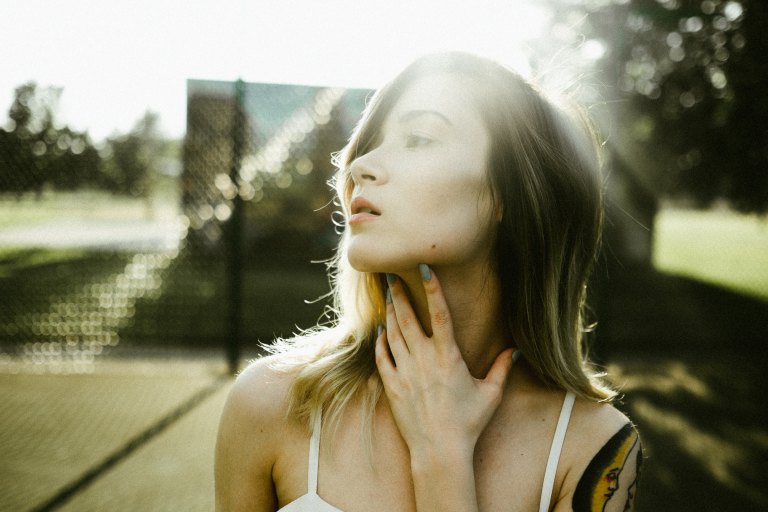 woman looking away from camera