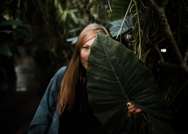 girl behind leaf, being too much, girl who is too much