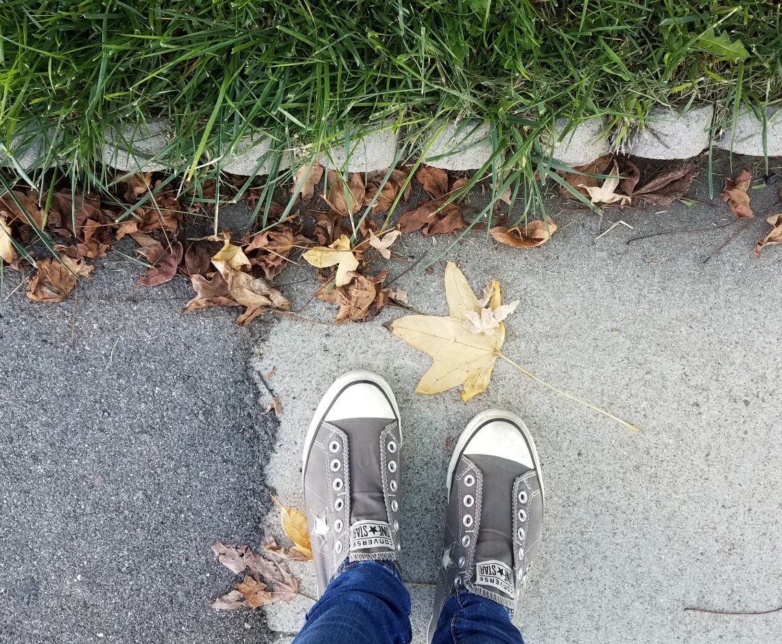 feet on path with leaf, fall leaves, acceptance, accepting nature of things