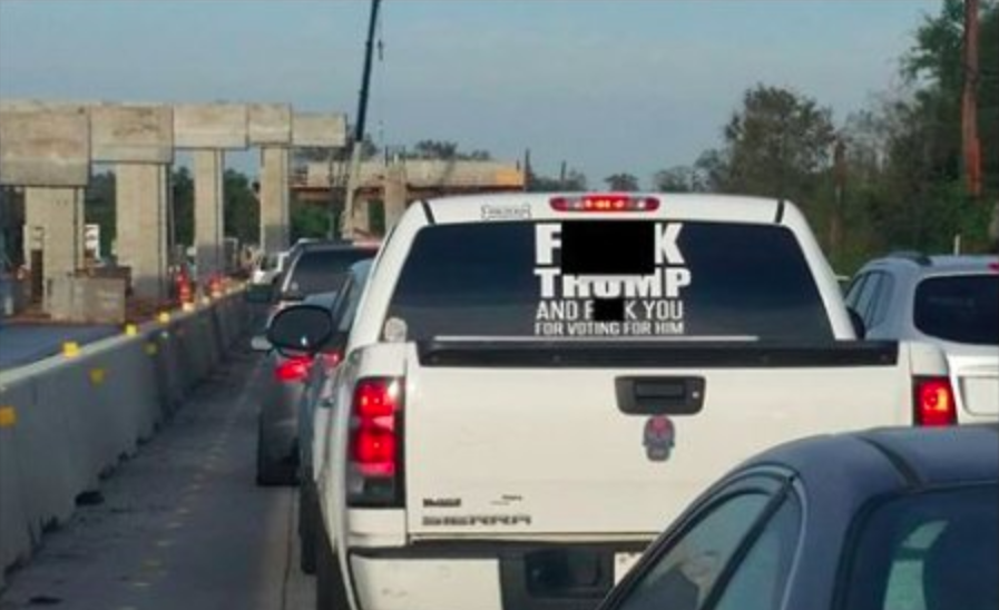 Fuck Trump Bumper Sticker on a truck in Texas