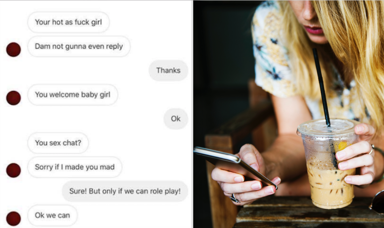 Instagram DMs from a fuckboy and a woman playing on her phone while drinking iced coffee