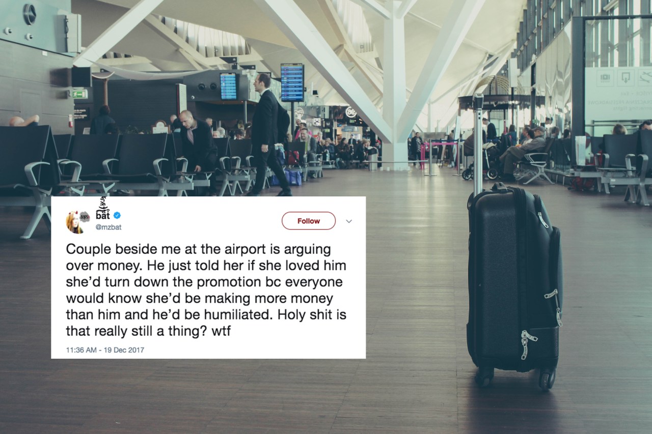 a suitcase in an empty airport and a tweet about a fight between a boyfriend and girlfriend about a professional promotion