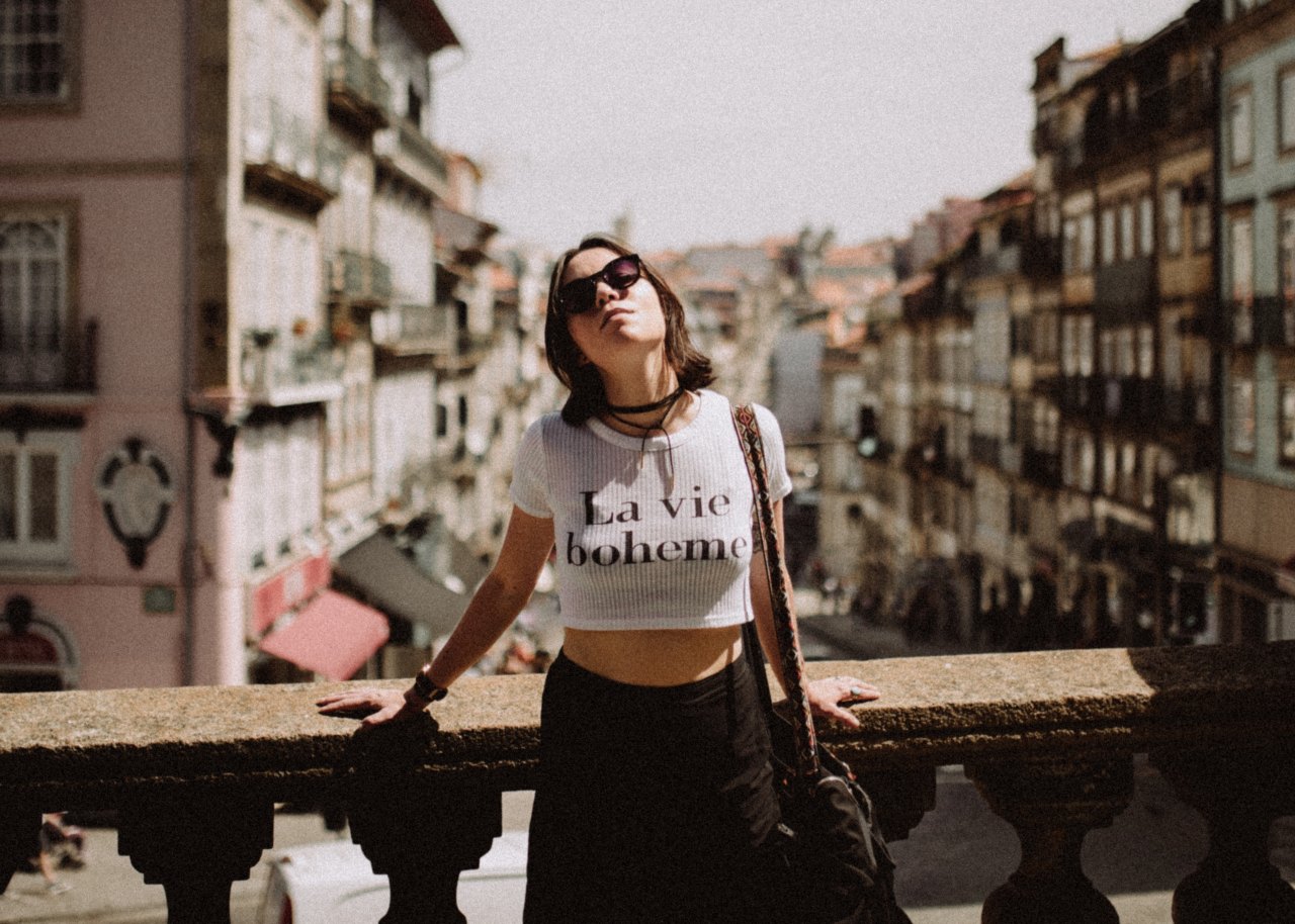 Woman standing over city