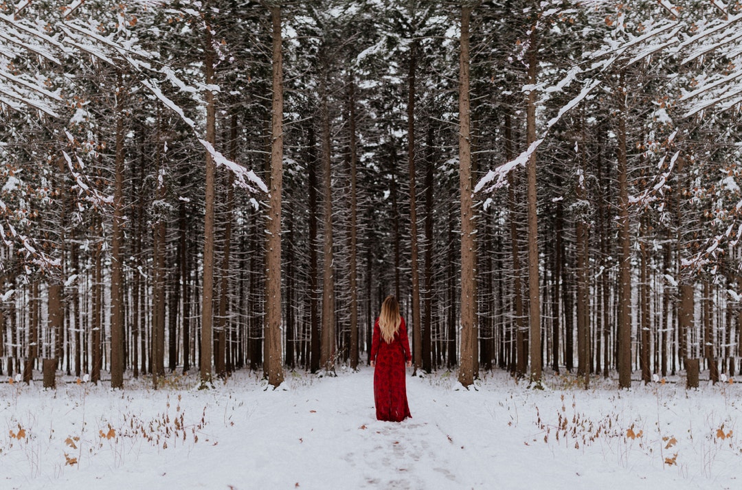 A woman with long hair in a red dress stands at the entrance of a snowy forest