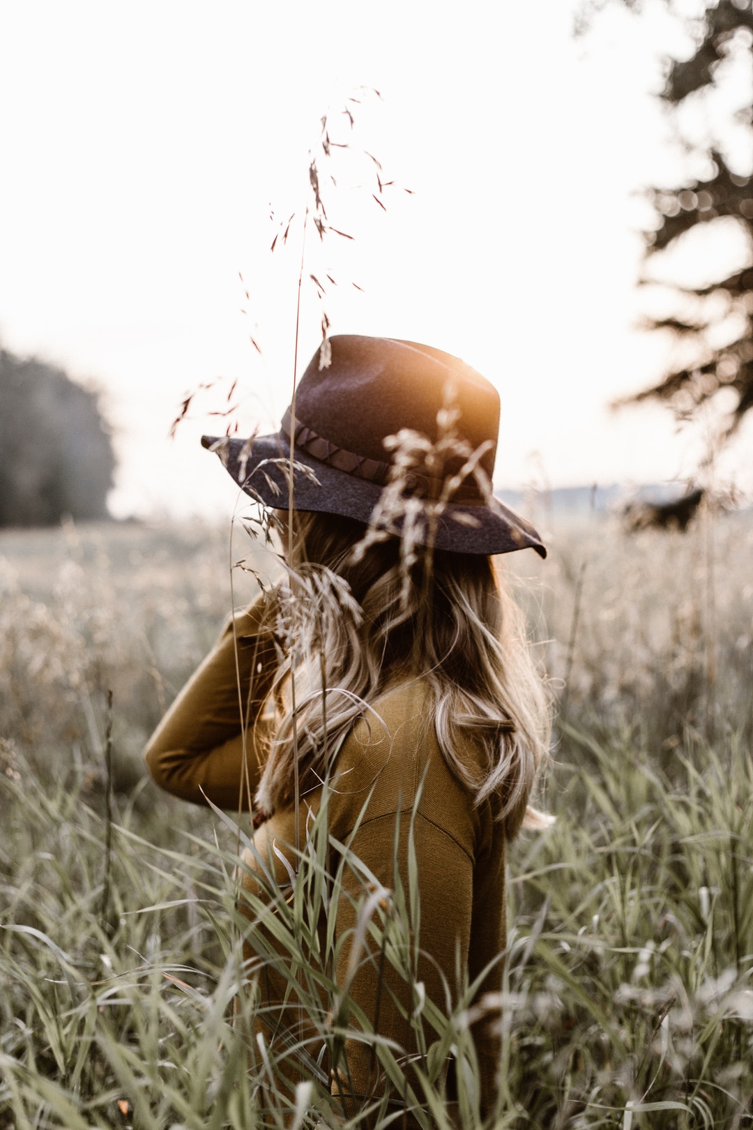 A hat wearing woman in a tall field.