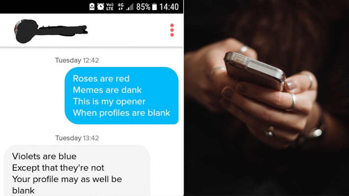 A Tinder Message opener with a poem and a person texting back