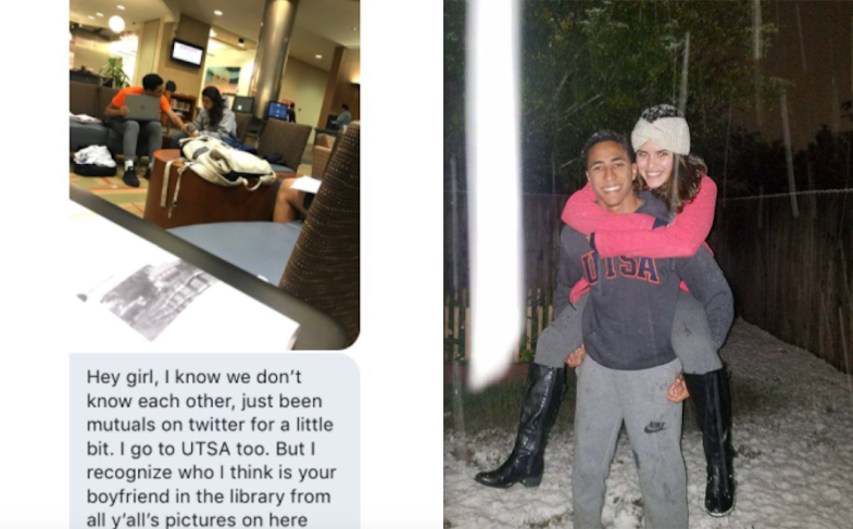 Woman with her boyfriend and a message from a girl who thought he was cheating on her