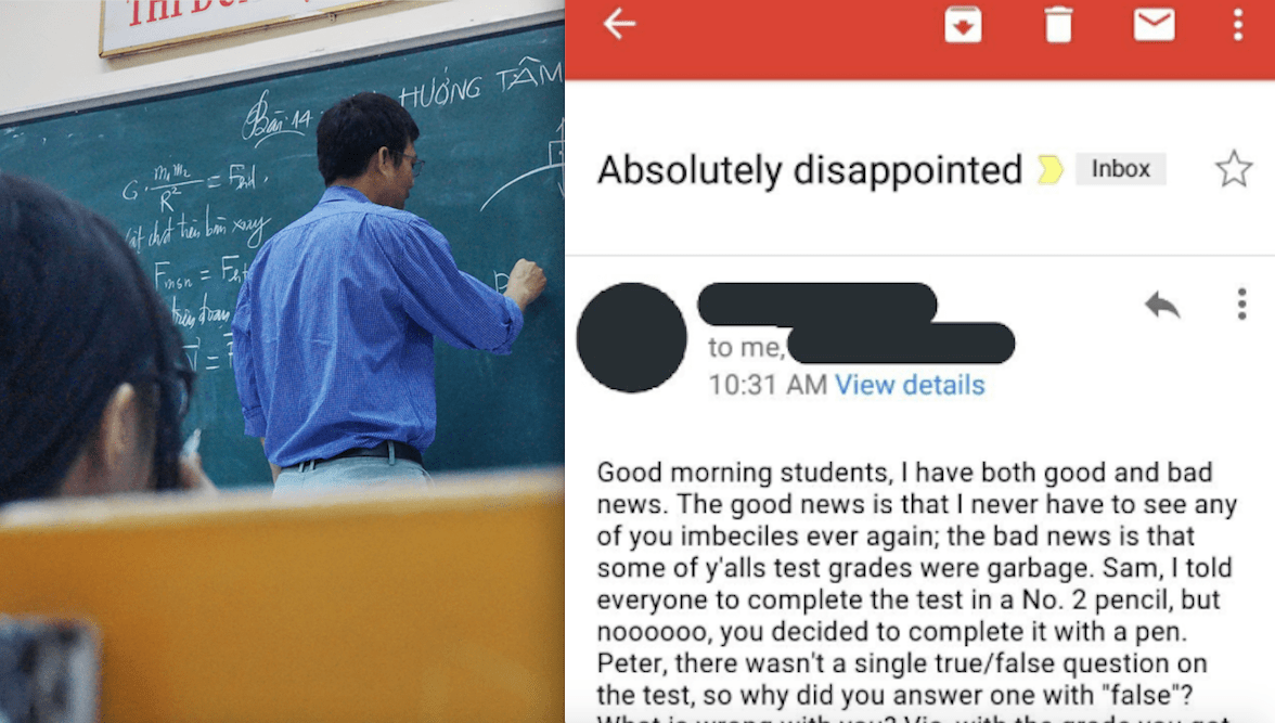 Professor writes on a blackboard and an email from a savage professor