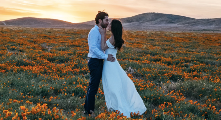 Couple kissing in meadow