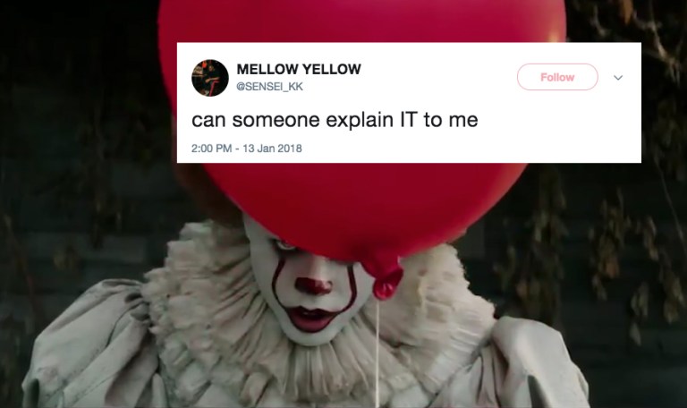 A screenshot of Pennywise from the IT trailer and a tweet