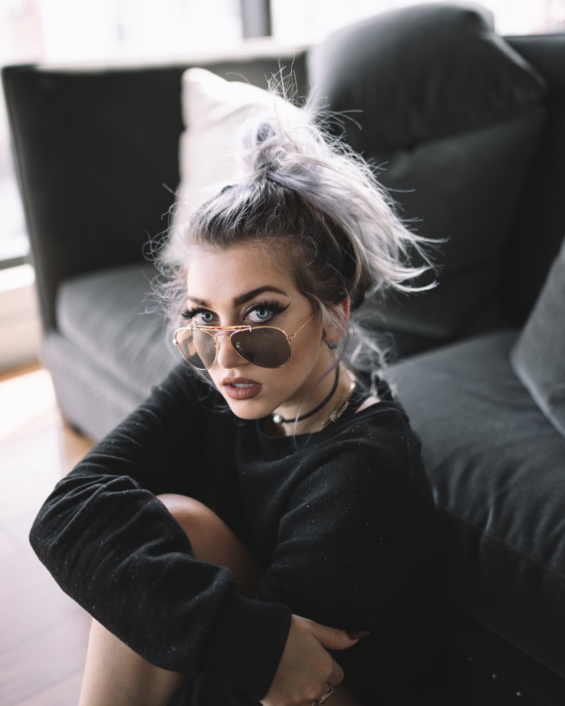 girl grey hair and glasses