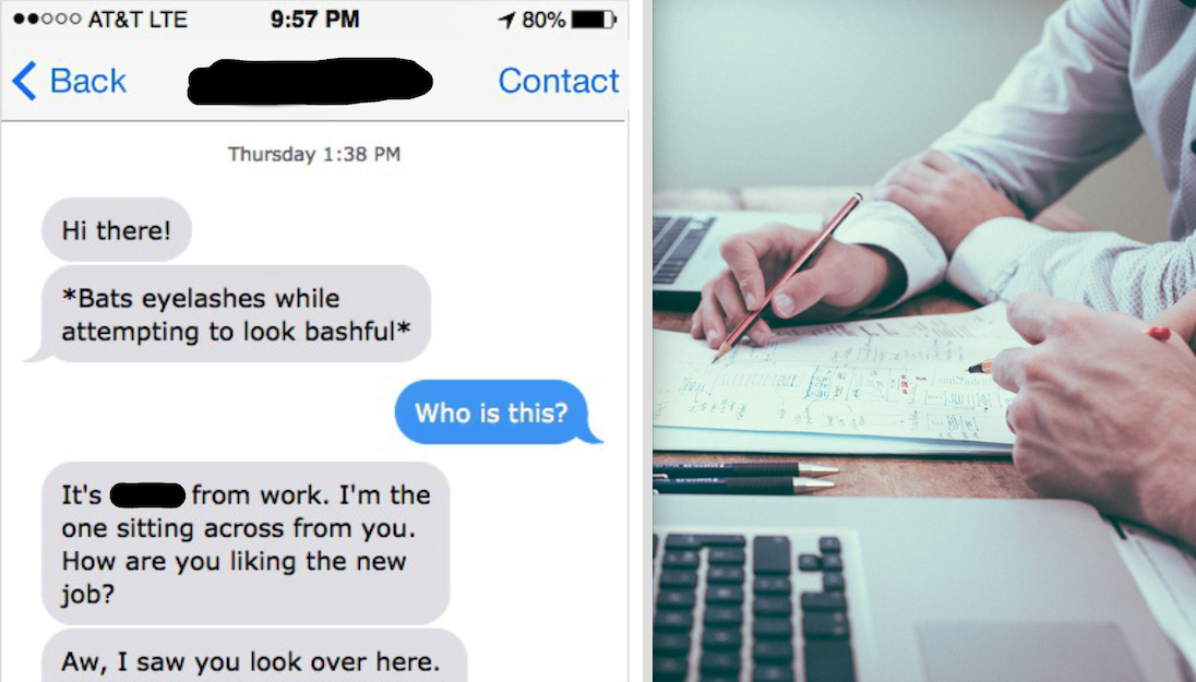 Fuckboy texts a woman he works with and two people work at laptops