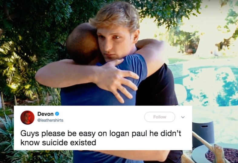 Logan Paul hugging a suicide survivor on his new blog