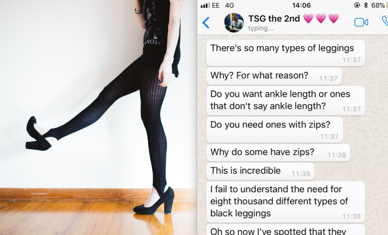 A woman walking in leggings and heels and a text conversation between a girlfriend and boyfriend about buying leggngs