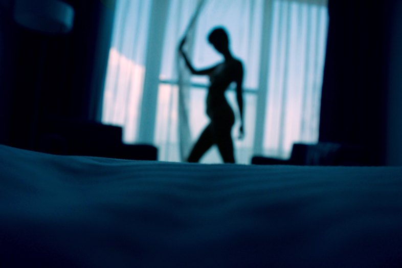 A woman, naked, walking in front of her window, only showing her silhouette