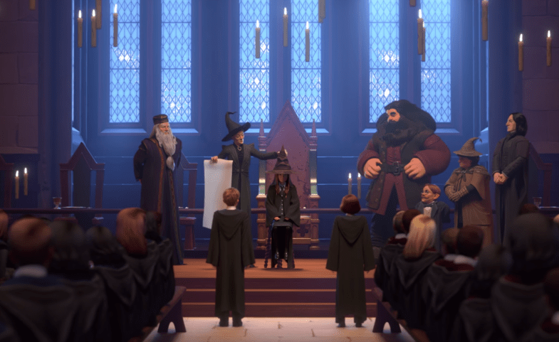 A screenshot from the trailer of the new Harry Potter mobile game during the sorting hat ceremony