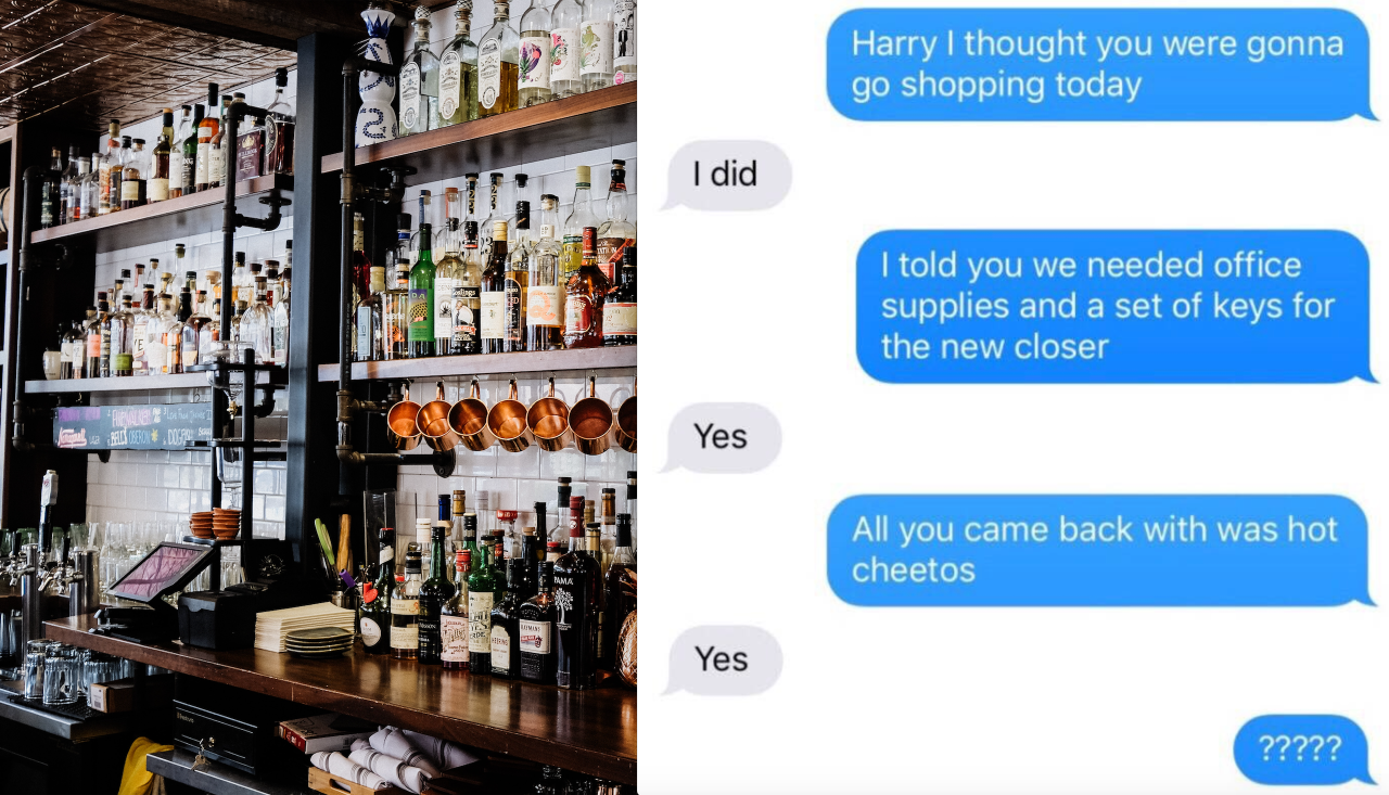 A bar and a text conversation between an employee and her boss