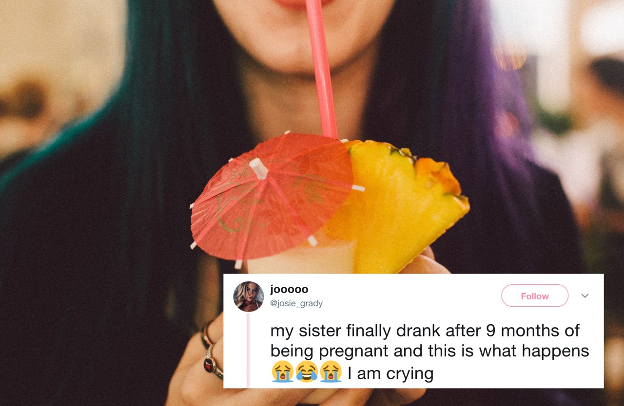 A woman sipping on a pina colada and a tweet about a drunk mom