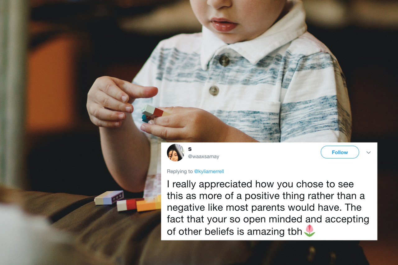 A little kid playing with legos and a tweet about acceptance