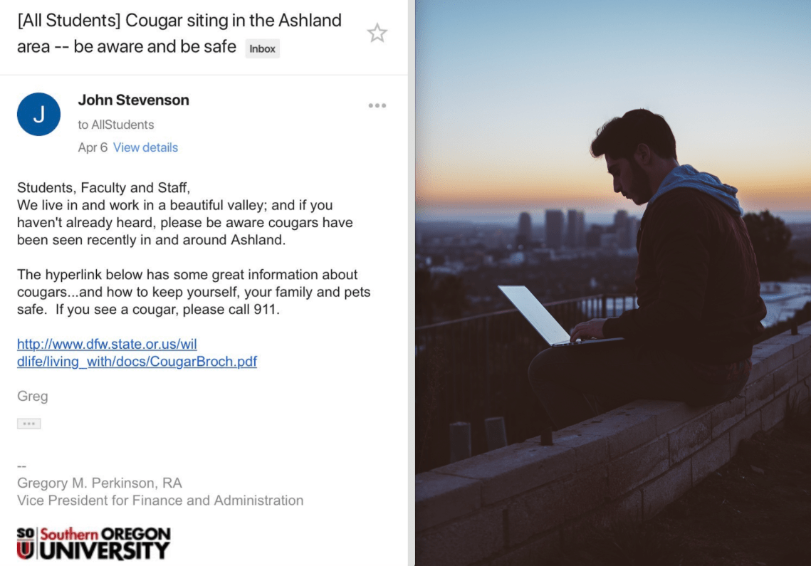 A university email and a man sitting on a ledge with a laptop