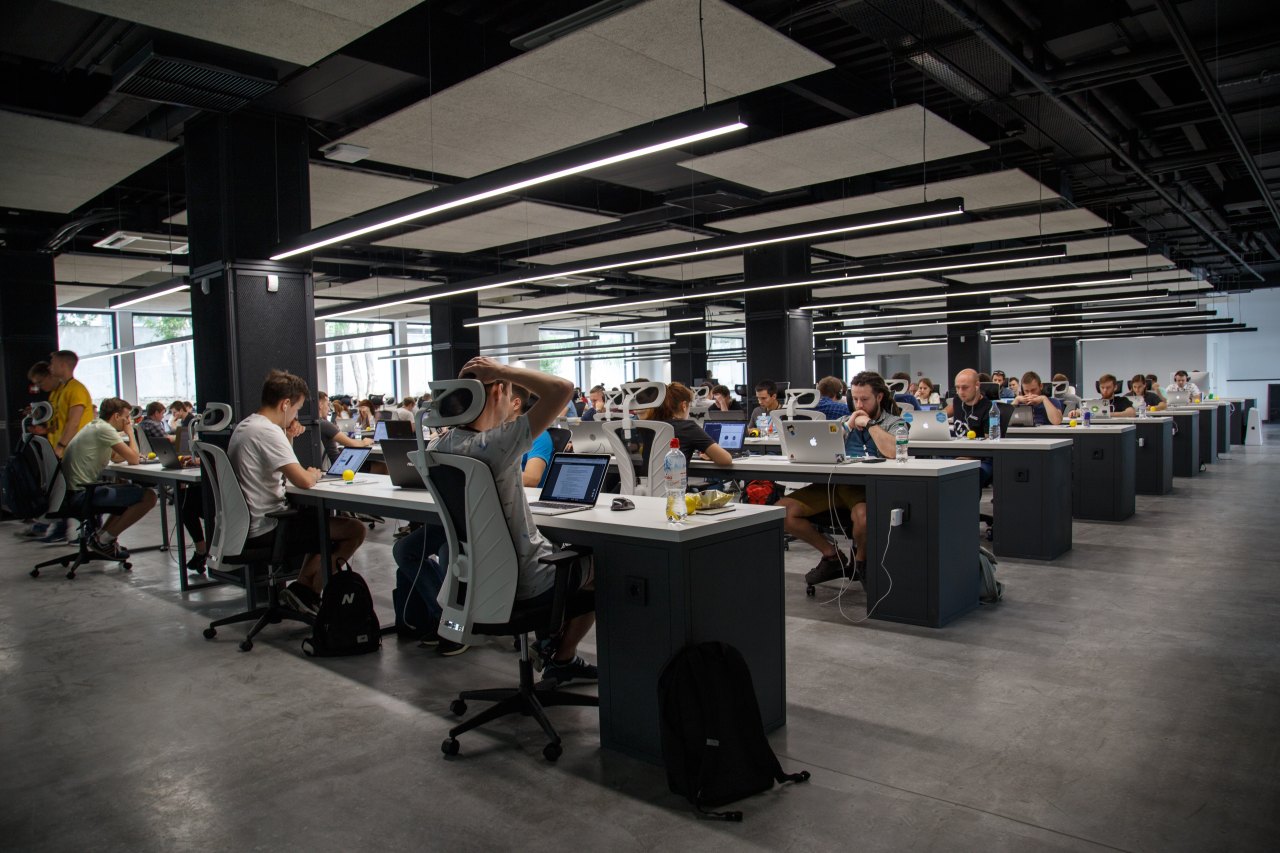 An office with communal desks