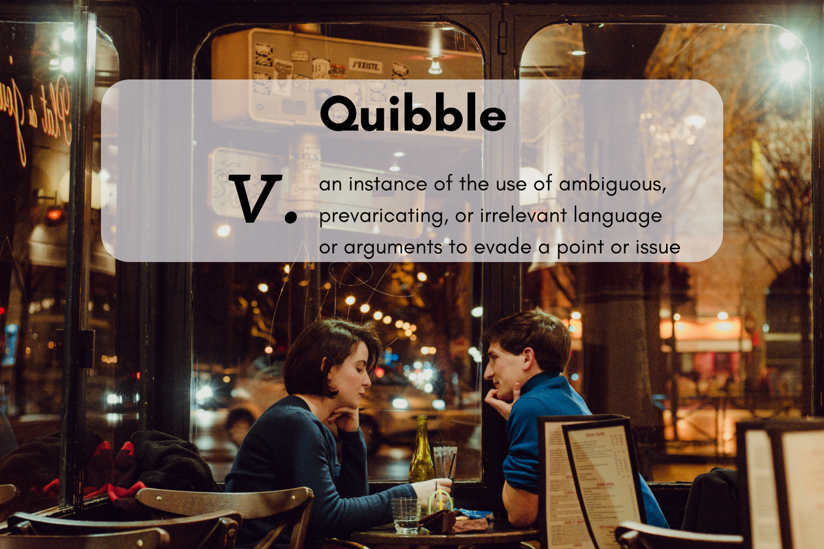 Quibble (n.) an instance of the use of ambiguous, prevaricating, or irrelevant language or arguments to evade a point or issue