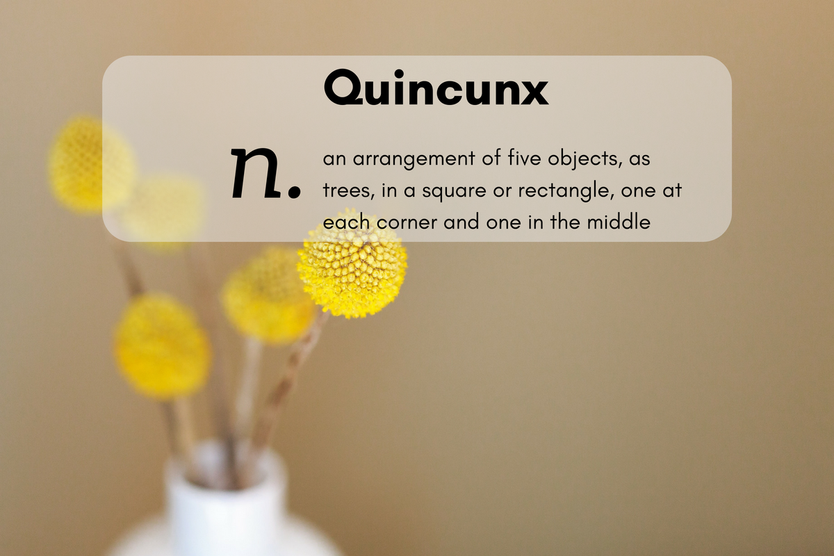 Quincunx (n.) an arrangement of five objects, as trees, in a square or rectangle, one at each corner and one in the middle