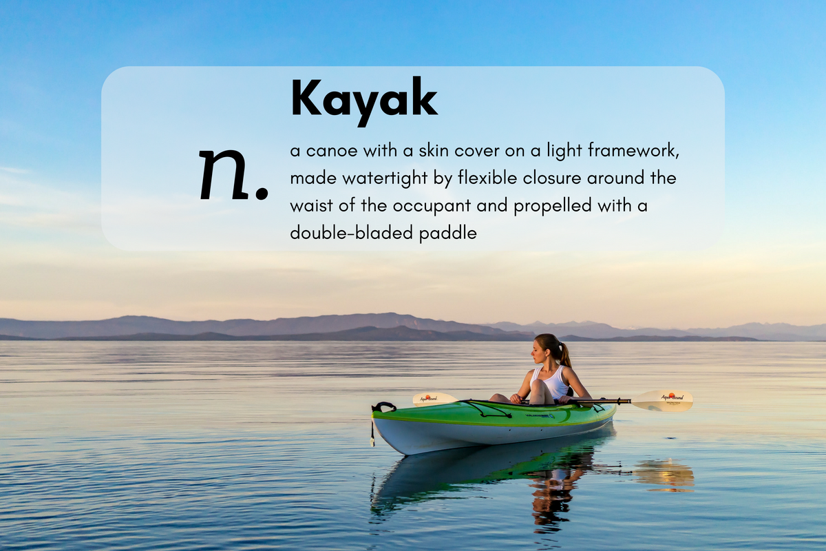 Kayak (n.) a canoe with a skin cover on a light framework, made watertight by flexible closure around the waist of the occupant and propelled with a double-bladed paddle