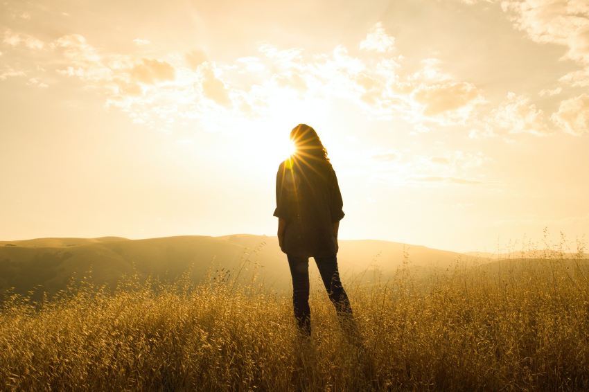 silhouette of person standing on grass while facing sunlight