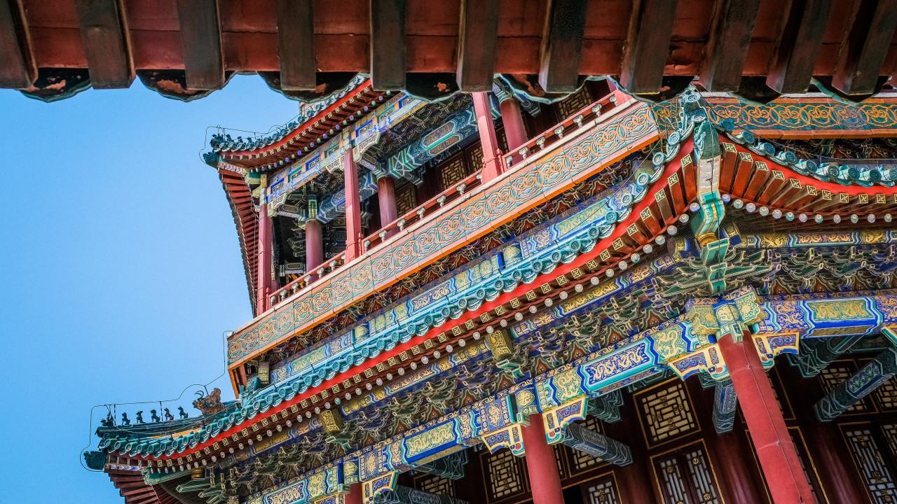 Chinese Ancient Architectural Design Of A Multicolored Temple