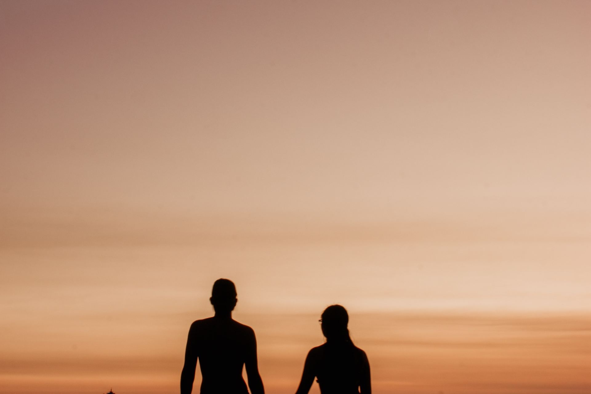 silhouette of 2 men and woman standing on seashore during sunset