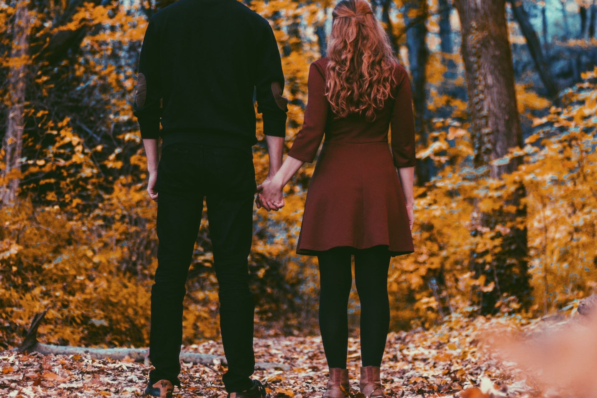 man in black long-sleeved shirt holding woman hand near trees during daytime